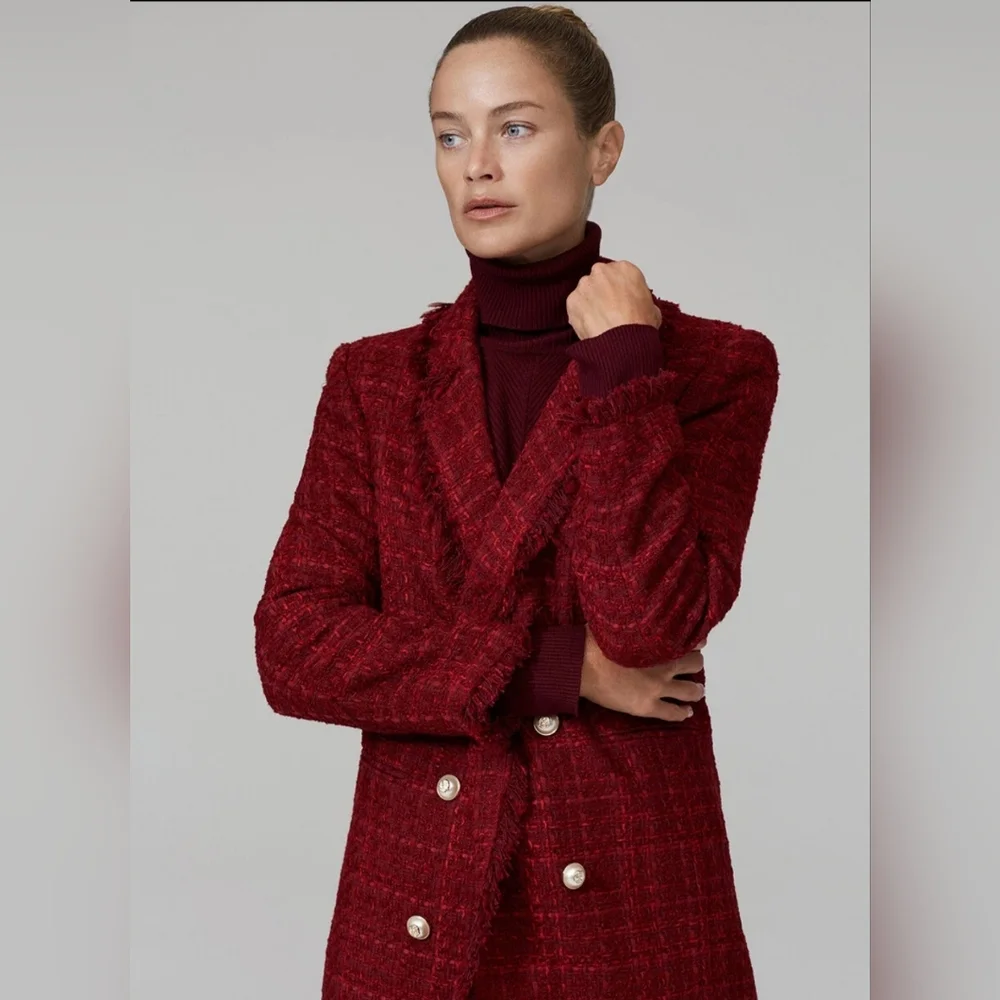Zara Blogger Favorite Burgundy Red Frayed Tweed Boucle Jacket Size S - Picture 1 of 15